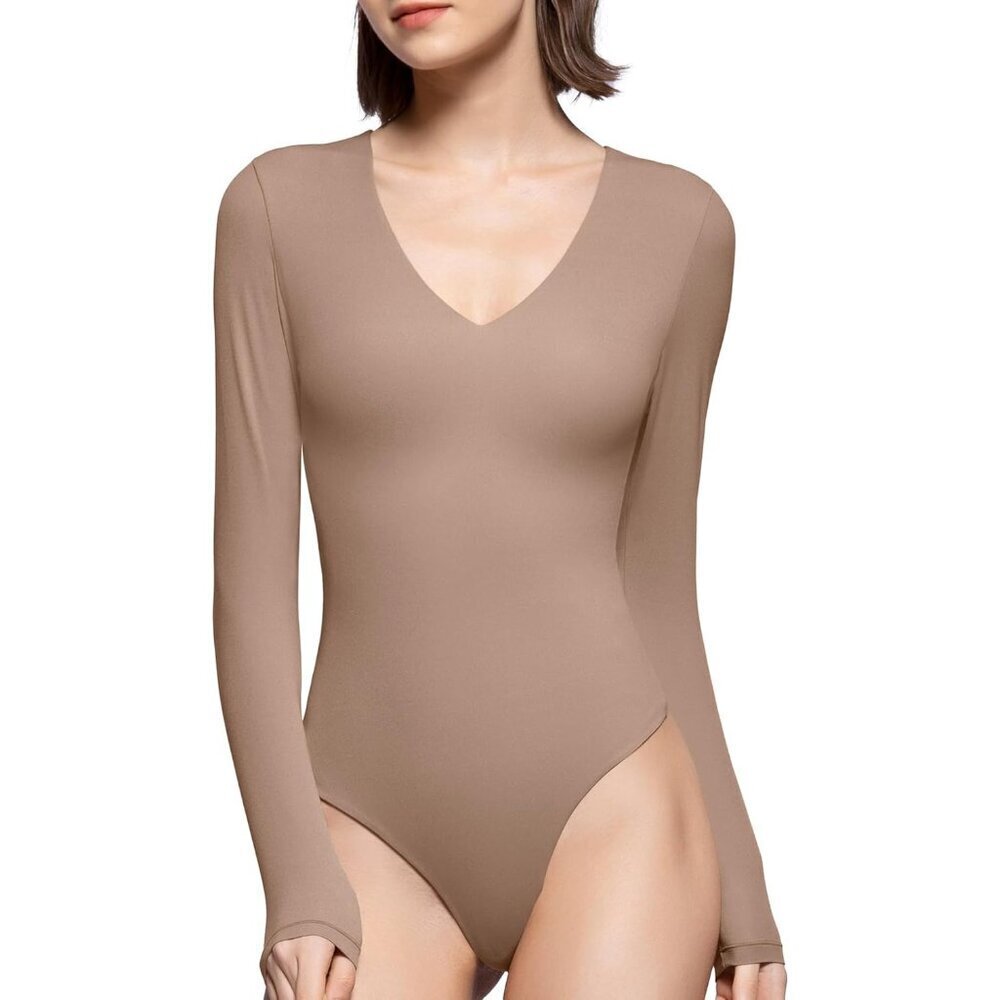 Women Bodysuit Long Sleeve V Neck Sexy Tops Breathable Stretchable